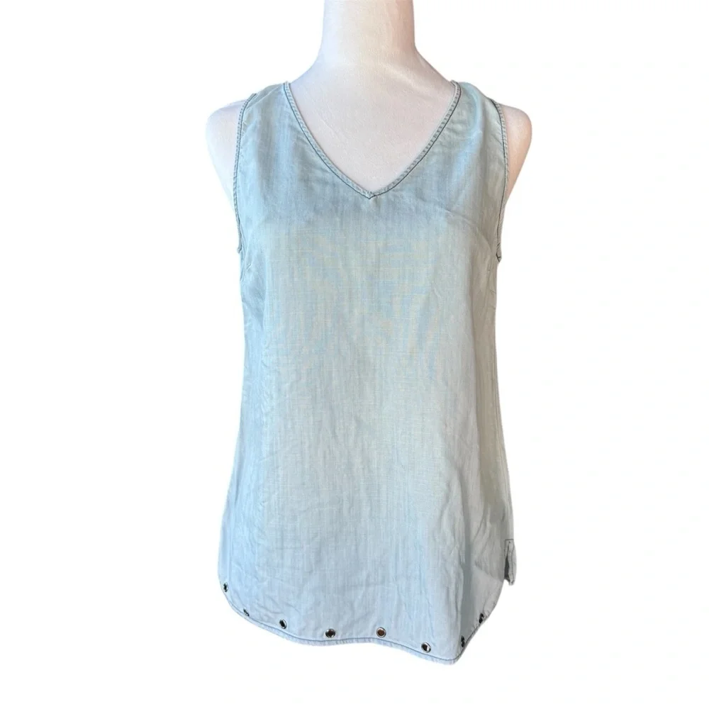 Skies Are Blue Light Blue Chambray 100% Tencel V-Neck Tank Top S - Picture 3 of 11